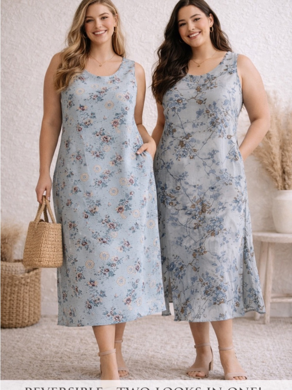 Studio Ease Reversible Floral Midi Dress Blue Sleeveless 20W Plus